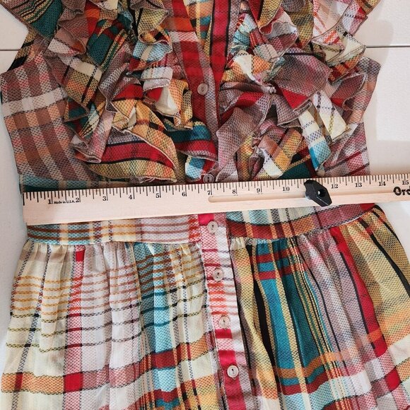 Agaci Plaid Ruffle Blouse Womens Small Multicolor Sheer Button Top Boho Style S - Picture 10 of 11